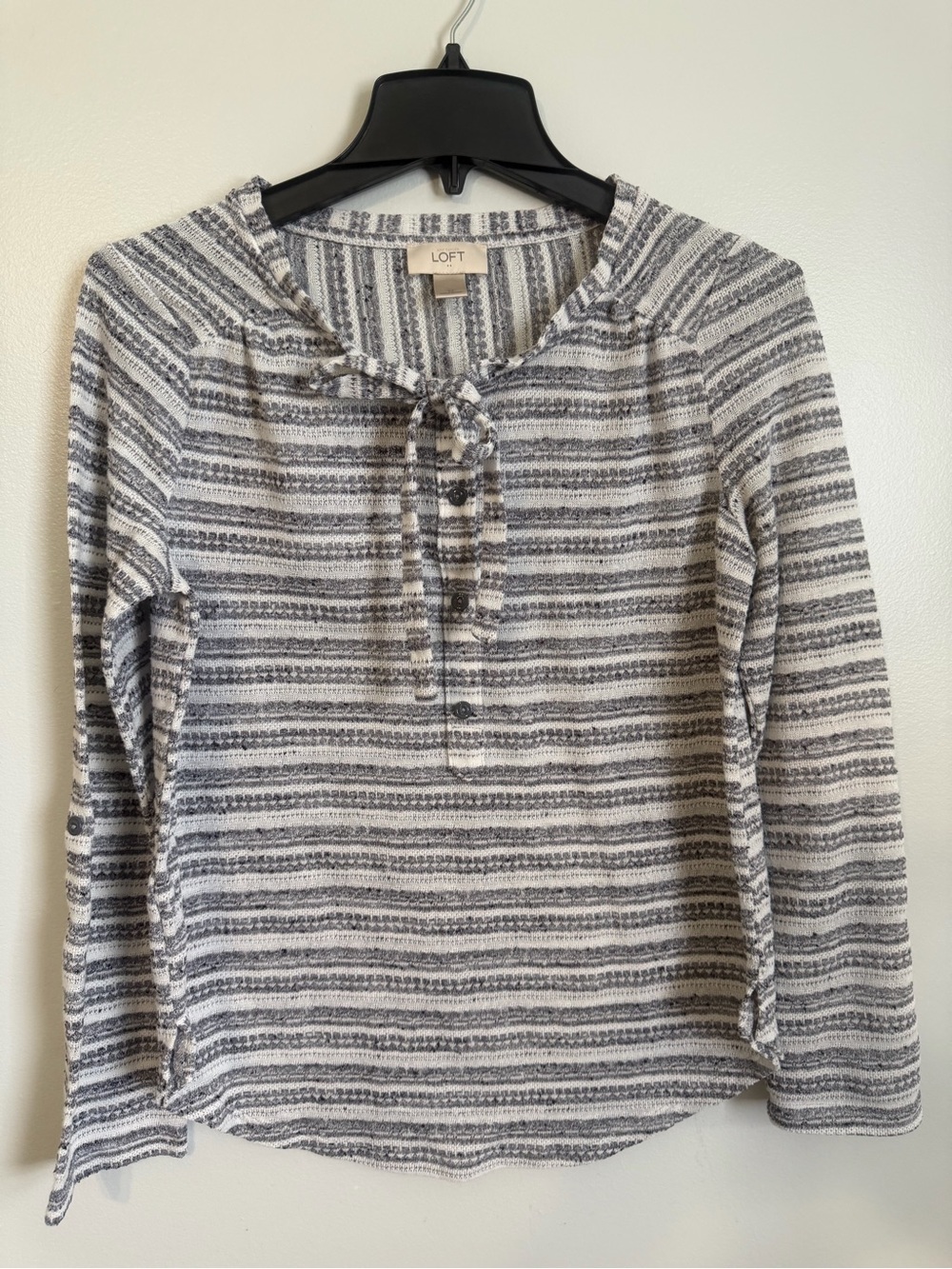 LOFT Gray & White Striped Tie-Neck Long Sleeve Top size medium